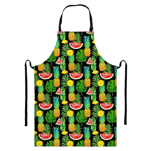 Black Tropical Pineapple Pattern Print Bib Apron With Pocket