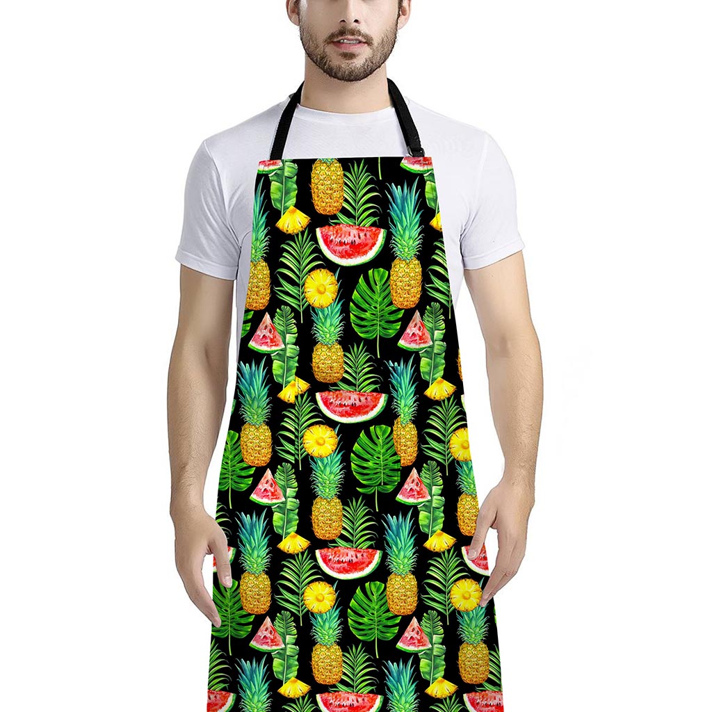 Black Tropical Pineapple Pattern Print Bib Apron With Pocket