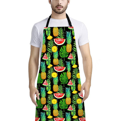 Black Tropical Pineapple Pattern Print Bib Apron With Pocket