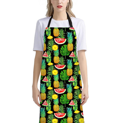 Black Tropical Pineapple Pattern Print Bib Apron With Pocket