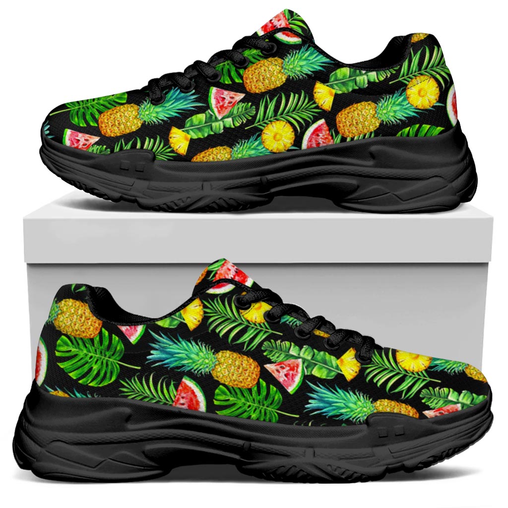Black Tropical Pineapple Pattern Print Black Chunky Shoes