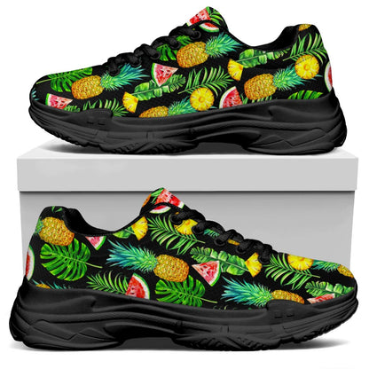 Black Tropical Pineapple Pattern Print Black Chunky Shoes