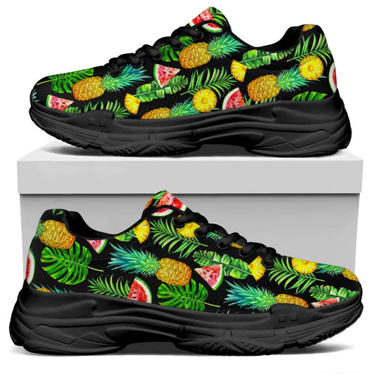 Black Tropical Pineapple Pattern Print Black Chunky Shoes