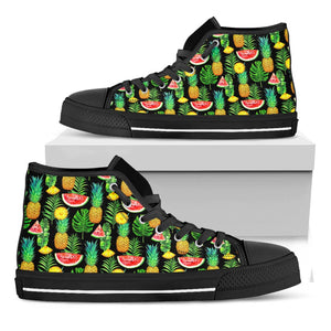 Black Tropical Pineapple Pattern Print Black High Top Sneakers