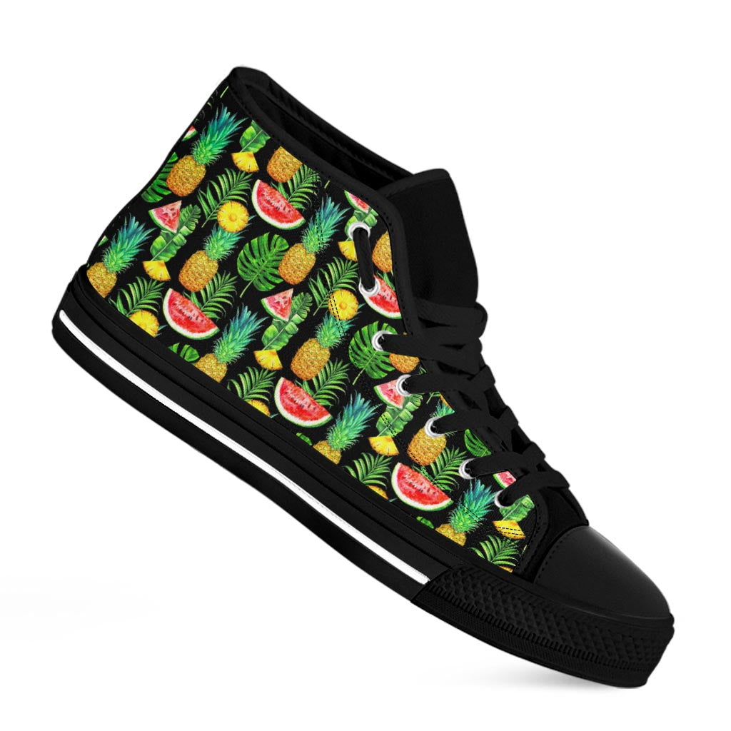 Black Tropical Pineapple Pattern Print Black High Top Sneakers