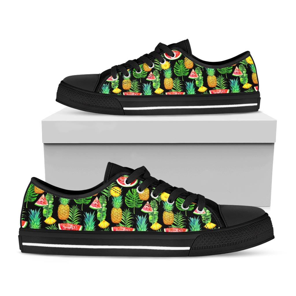 Black Tropical Pineapple Pattern Print Black Low Top Sneakers