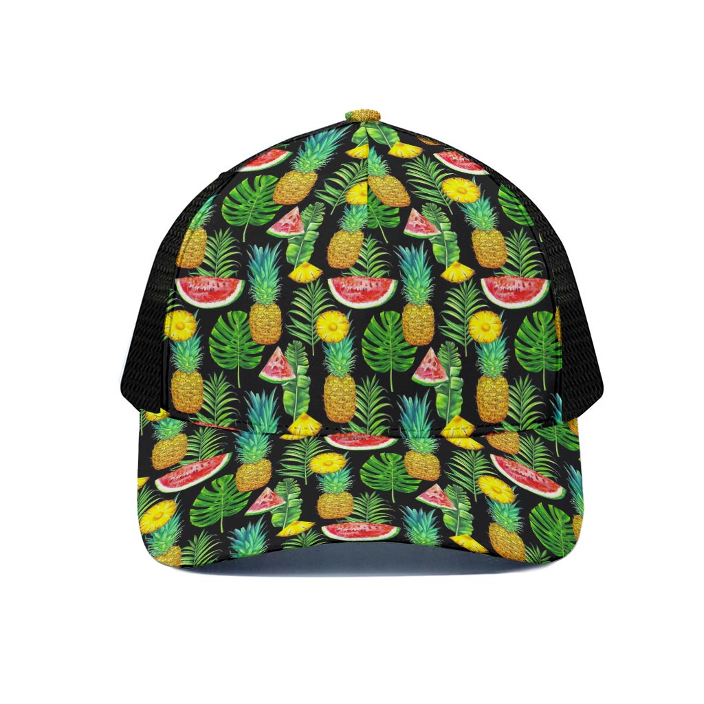 Black Tropical Pineapple Pattern Print Black Mesh Trucker Cap