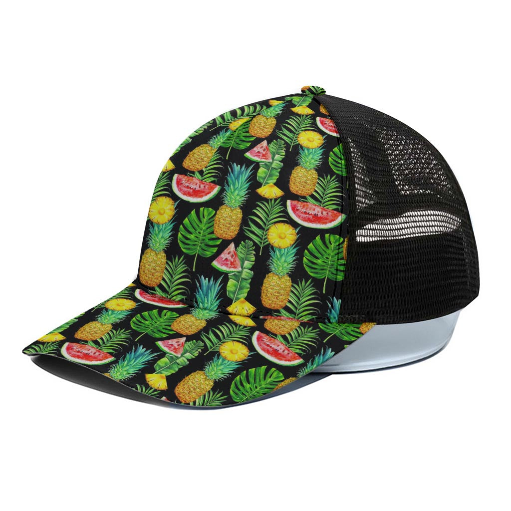 Black Tropical Pineapple Pattern Print Black Mesh Trucker Cap