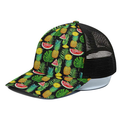 Black Tropical Pineapple Pattern Print Black Mesh Trucker Cap