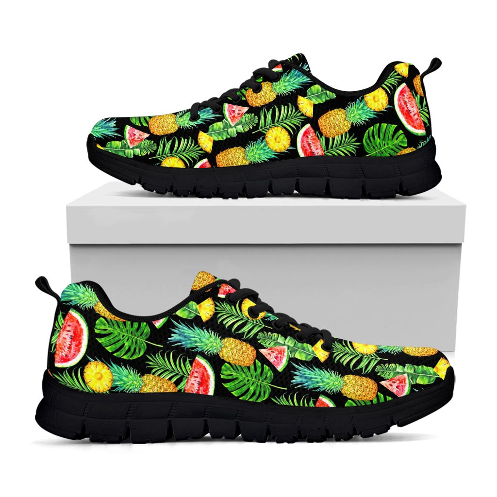 Black Tropical Pineapple Pattern Print Black Running Shoes