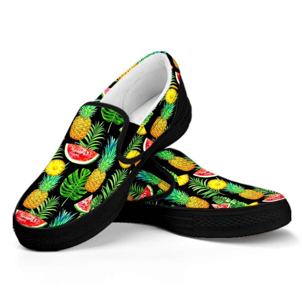 Black Tropical Pineapple Pattern Print Black Slip On Sneakers