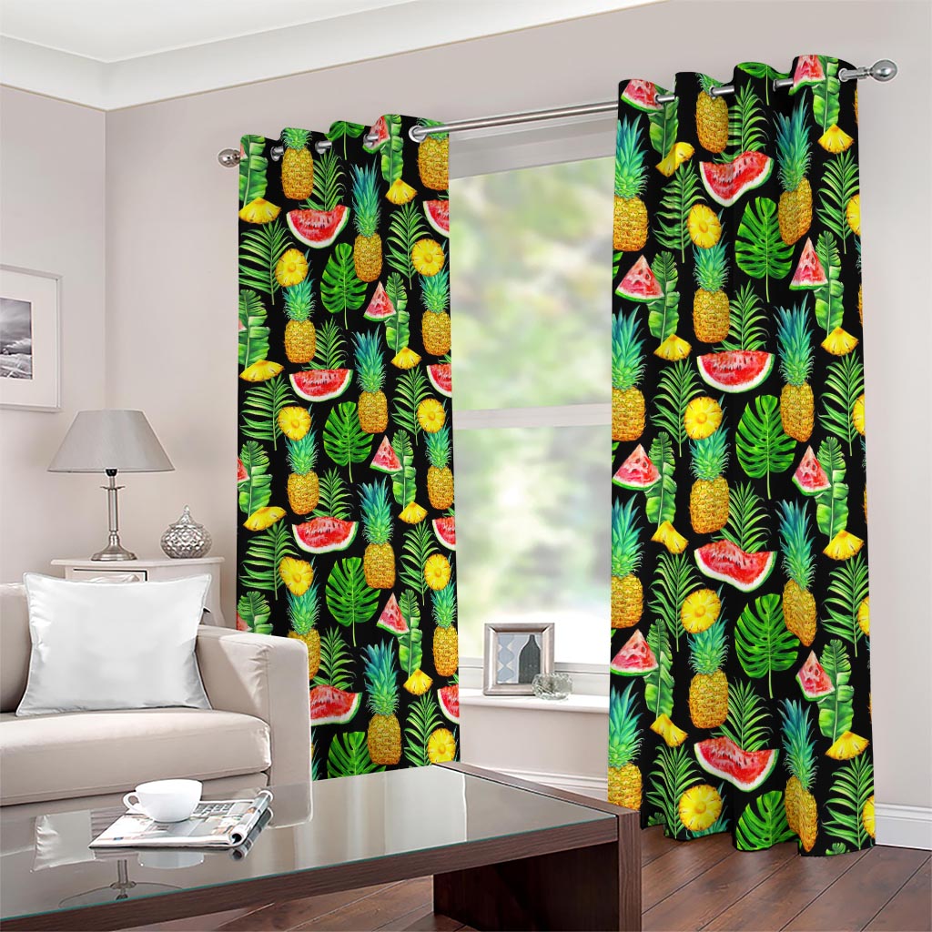 Black Tropical Pineapple Pattern Print Blackout Grommet Curtains