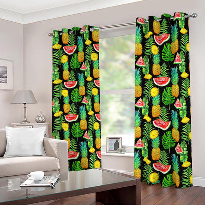 Black Tropical Pineapple Pattern Print Blackout Grommet Curtains