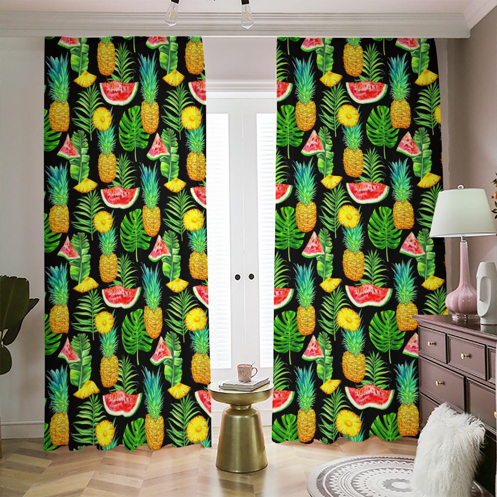 Black Tropical Pineapple Pattern Print Blackout Pencil Pleat Curtains