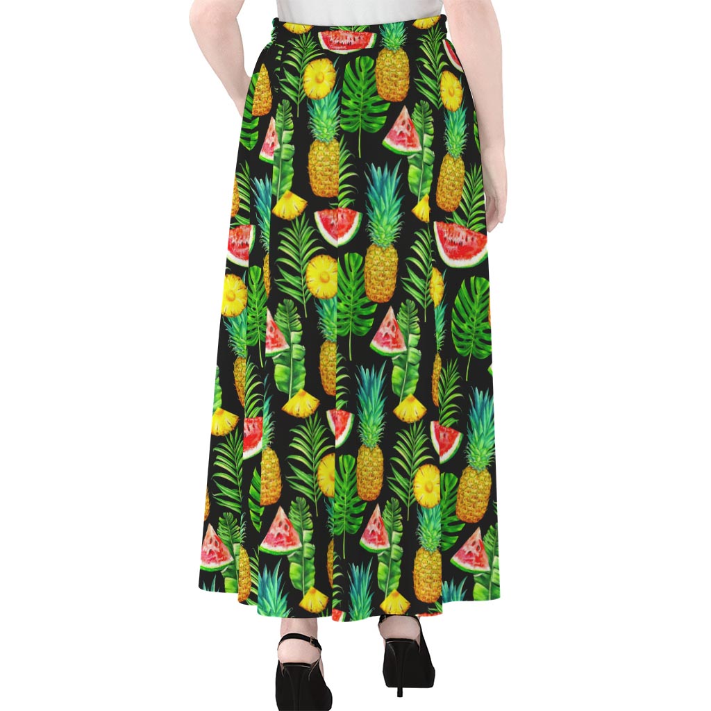 Black Tropical Pineapple Pattern Print Chiffon Maxi Skirt