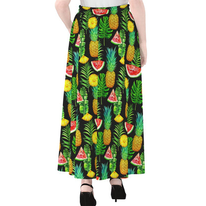 Black Tropical Pineapple Pattern Print Chiffon Maxi Skirt