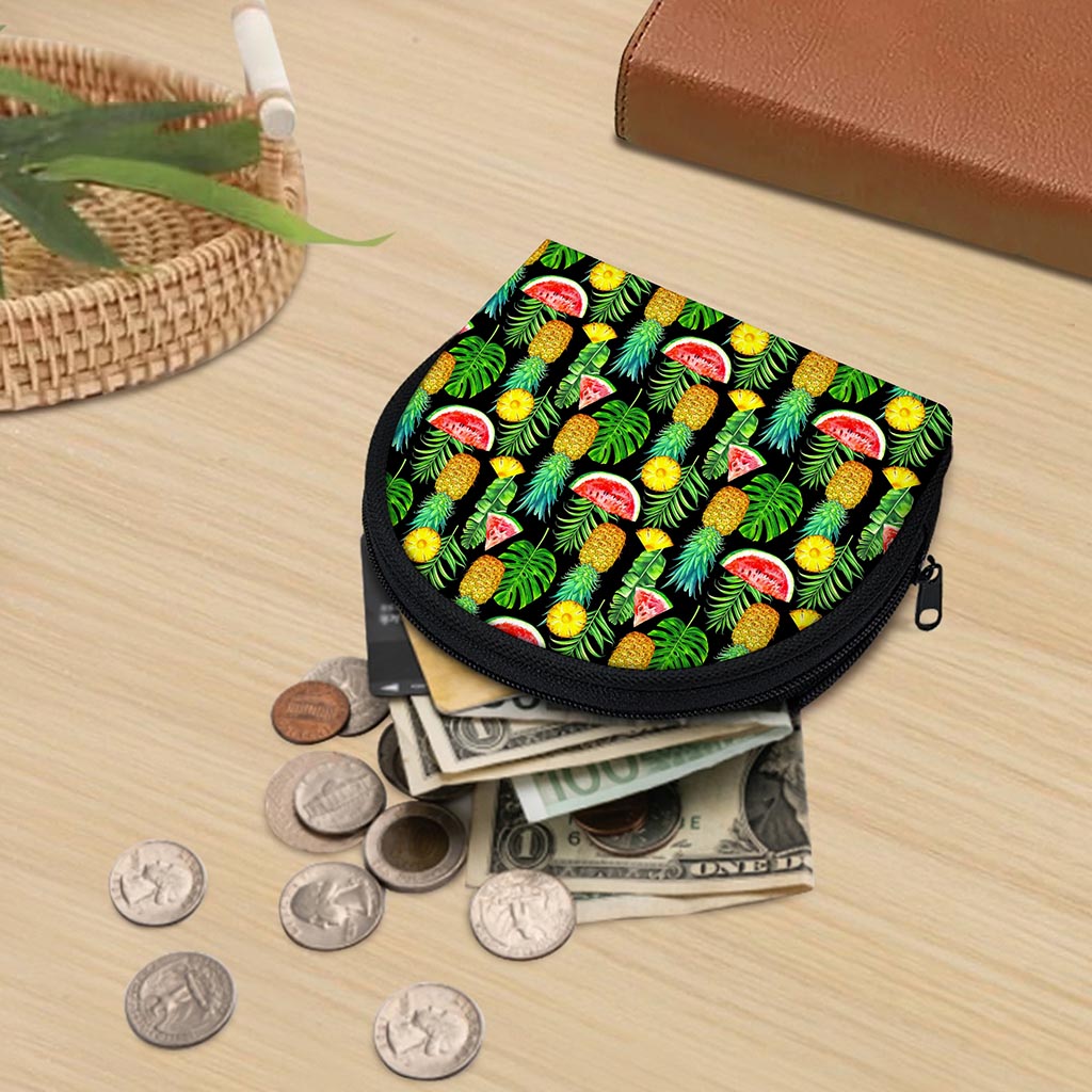 Black Tropical Pineapple Pattern Print Coin Purse