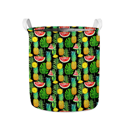 Black Tropical Pineapple Pattern Print Collapsible Laundry Basket