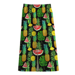 Black Tropical Pineapple Pattern Print Cotton Front Slit Maxi Skirt