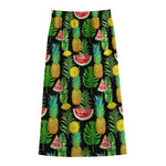 Black Tropical Pineapple Pattern Print Cotton Front Slit Maxi Skirt