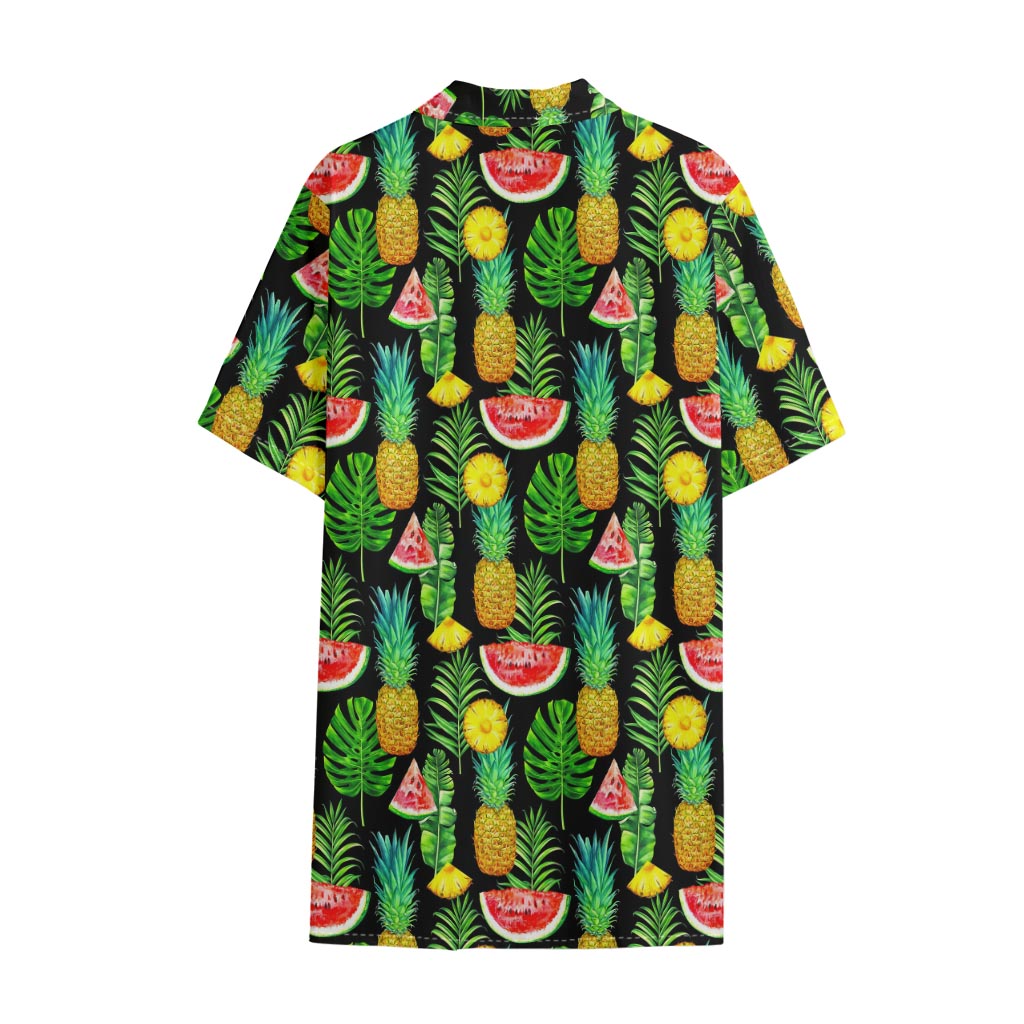Black Tropical Pineapple Pattern Print Cotton Hawaiian Shirt