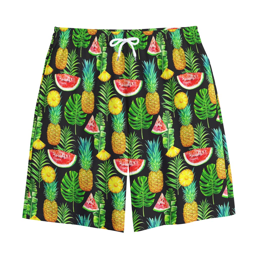 Black Tropical Pineapple Pattern Print Cotton Shorts