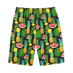 Black Tropical Pineapple Pattern Print Cotton Shorts
