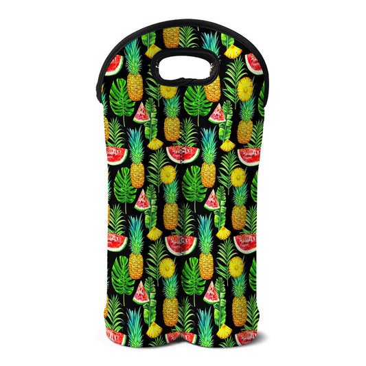 Black Tropical Pineapple Pattern Print Double Neoprene Wine Tote