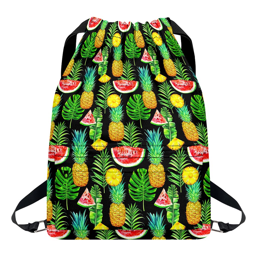Black Tropical Pineapple Pattern Print Drawstring Backpack