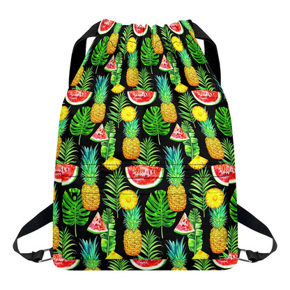 Black Tropical Pineapple Pattern Print Drawstring Backpack