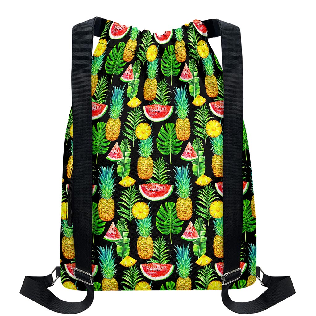 Black Tropical Pineapple Pattern Print Drawstring Backpack