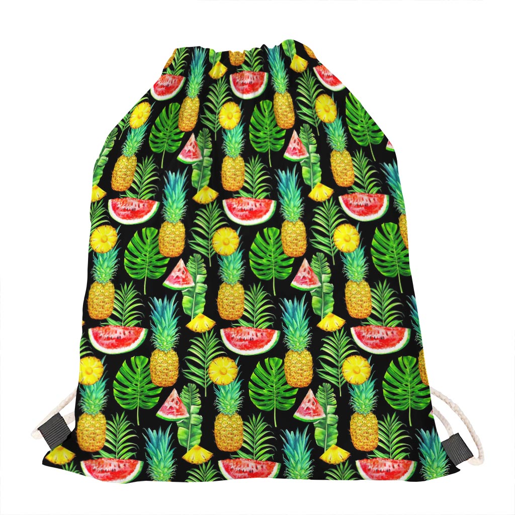 Black Tropical Pineapple Pattern Print Drawstring Bag
