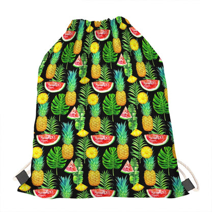 Black Tropical Pineapple Pattern Print Drawstring Bag