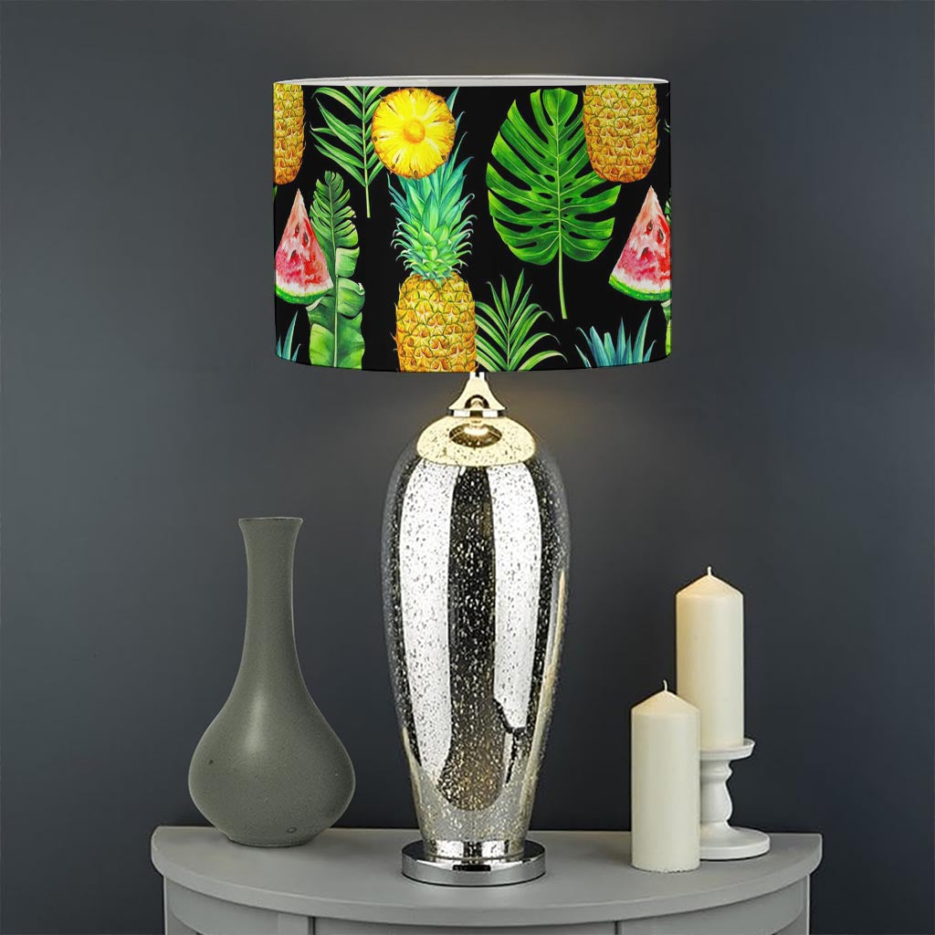 Black Tropical Pineapple Pattern Print Drum Lamp Shade