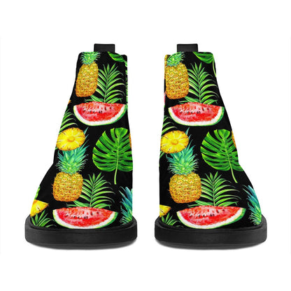 Black Tropical Pineapple Pattern Print Flat Ankle Boots