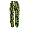 Black Tropical Pineapple Pattern Print Fleece Lined Knit Pants
