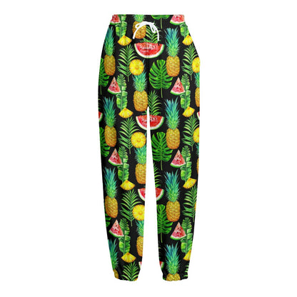 Black Tropical Pineapple Pattern Print Fleece Lined Knit Pants