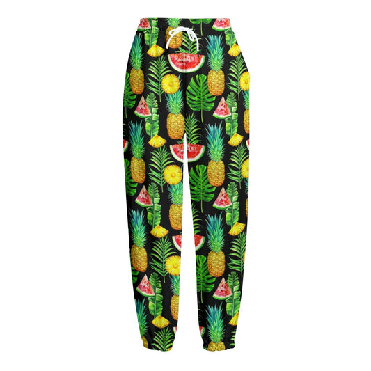 Black Tropical Pineapple Pattern Print Fleece Lined Knit Pants