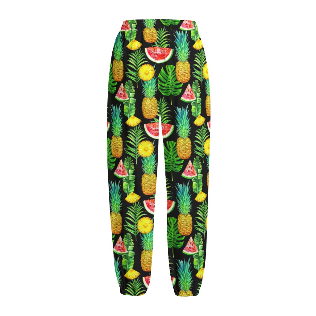 Black Tropical Pineapple Pattern Print Fleece Lined Knit Pants
