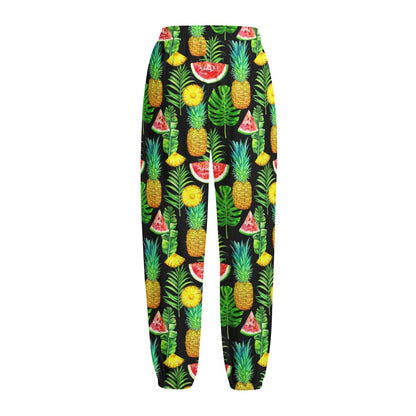 Black Tropical Pineapple Pattern Print Fleece Lined Knit Pants