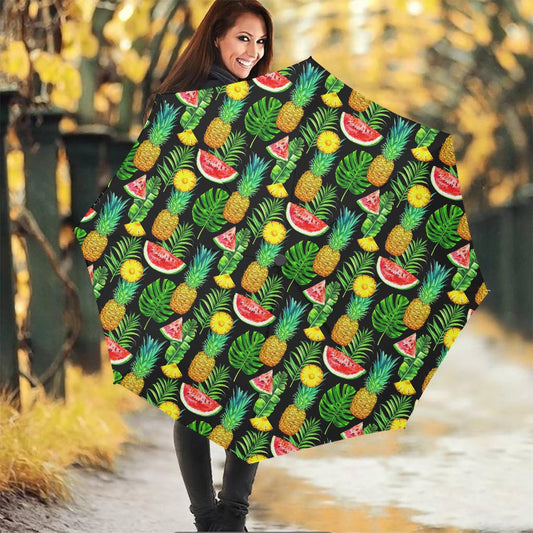Black Tropical Pineapple Pattern Print Foldable Umbrella