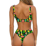 Black Tropical Pineapple Pattern Print Front Bow Tie Bikini