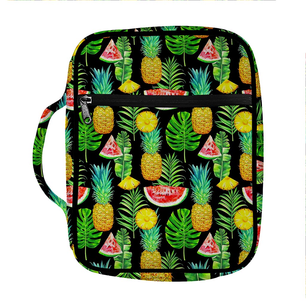 Black Tropical Pineapple Pattern Print Front Pocket Bible Bag