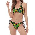 Black Tropical Pineapple Pattern Print Halter Scoop Tie Side Bikini