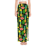Black Tropical Pineapple Pattern Print High Slit Maxi Skirt