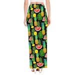 Black Tropical Pineapple Pattern Print High Slit Maxi Skirt