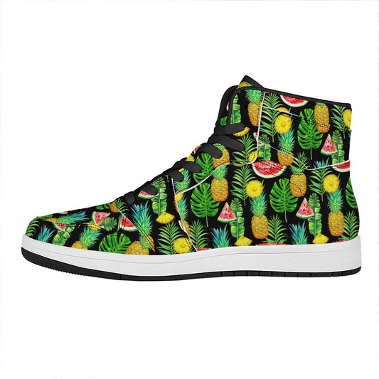 Black Tropical Pineapple Pattern Print High Top Leather Sneakers