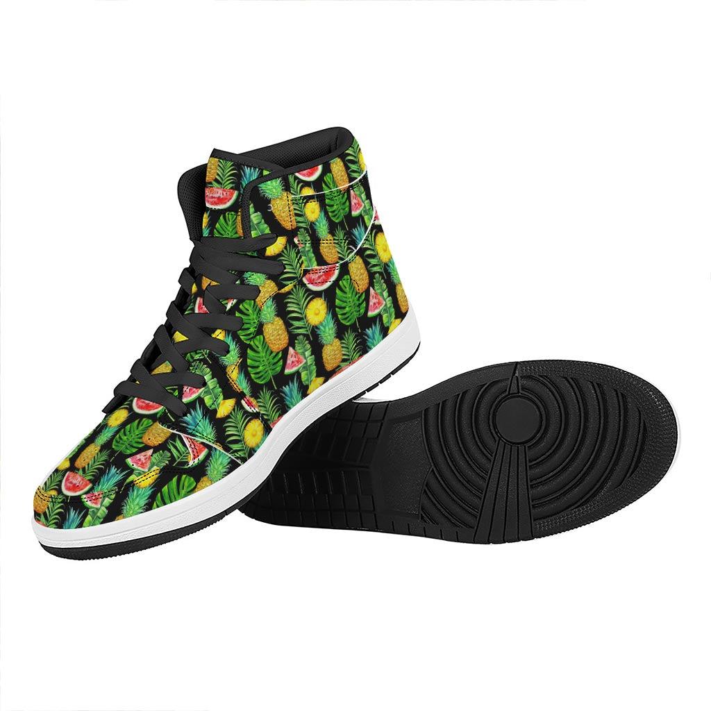 Black Tropical Pineapple Pattern Print High Top Leather Sneakers