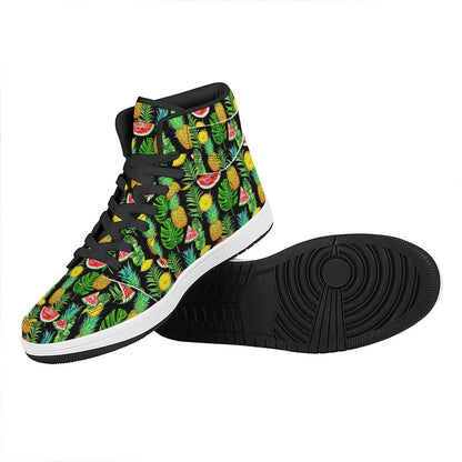 Black Tropical Pineapple Pattern Print High Top Leather Sneakers