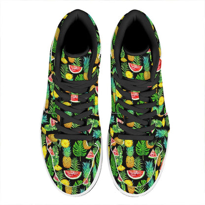 Black Tropical Pineapple Pattern Print High Top Leather Sneakers